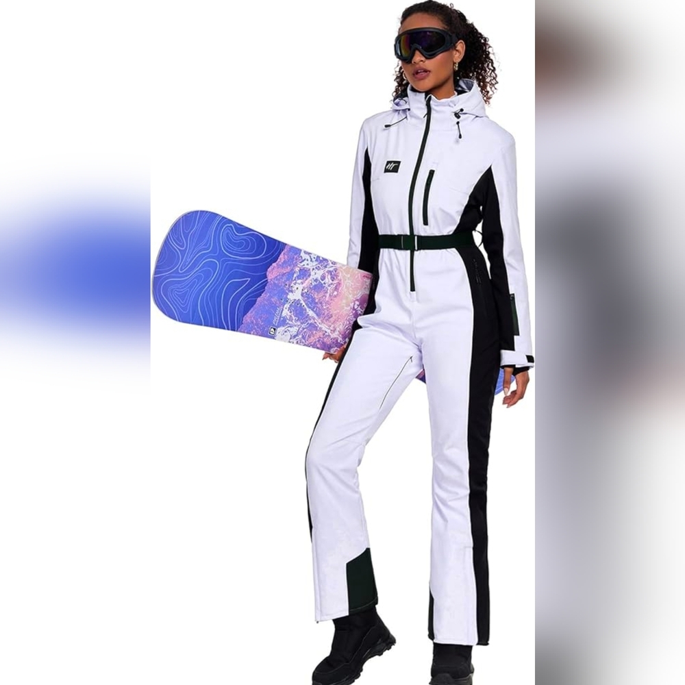 Women's White & Black Insulated Ski Jumpsuit with Hood